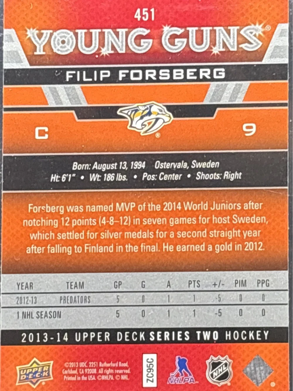 Upper Deck Young Guns Filip Forsberg Rookie Card